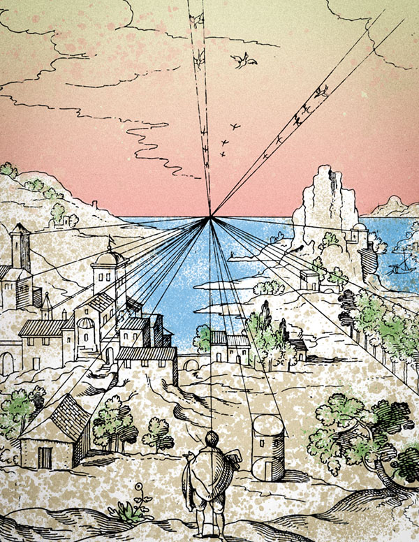 Renaissance perspective drawing of coastal town with converging lines toward horizon.