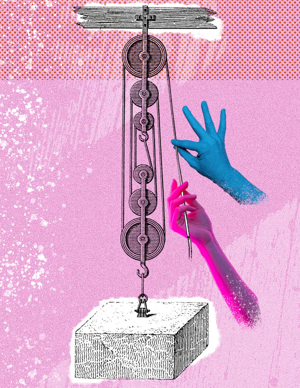 Illustration of pulley lifting a block, with colorful hands pulling the rope.