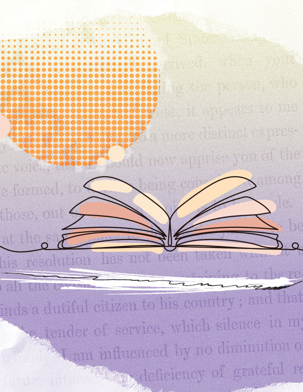 Stylized open book with flowing pages over textured background and orange halftone circle.