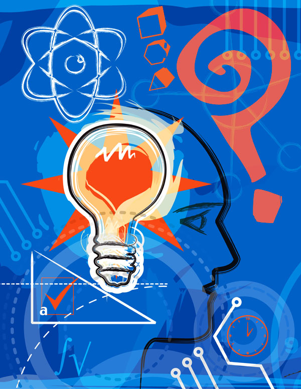 Abstract illustration of light bulb and human profile with science and question symbols.