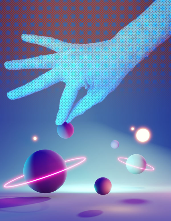 Blue hand reaching toward floating planets and glowing rings in abstract space scene.