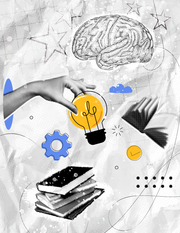 Illustration of hand holding light bulb with brain, books, and learning symbols.