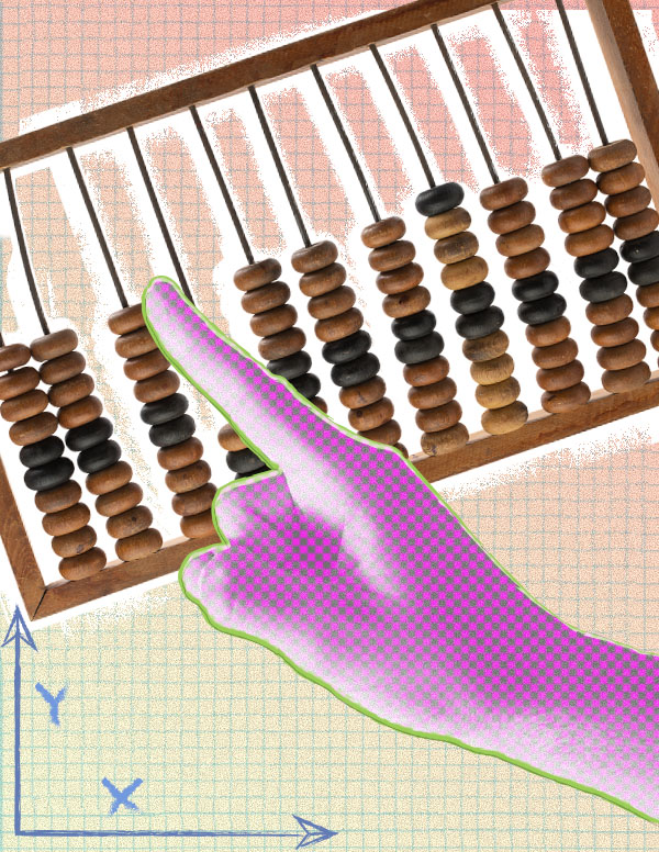 Hand pointing at wooden abacus beads over grid background with axes markings.