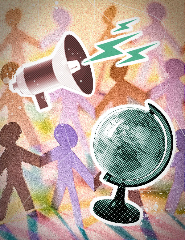 Illustration of a megaphone and globe over colorful silhouettes of connected people.