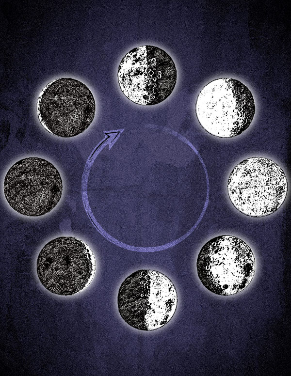 Illustration of moon phases arranged in a circle with arrow showing lunar cycle.