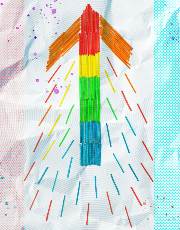 Colorful upward arrow made of sticks, surrounded by radiating lines and abstract patterns.