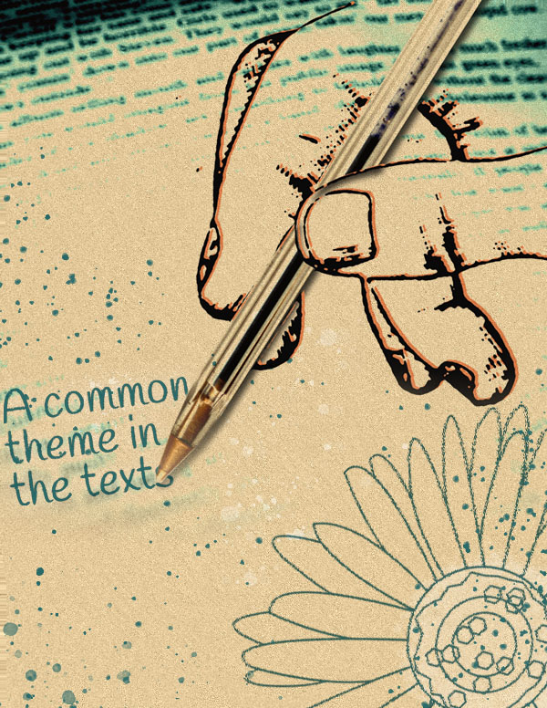 Pen resting on illustrated page with hand drawing, flower sketch, and handwritten text.