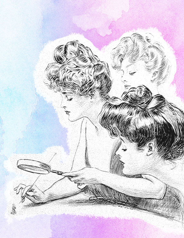 Three women examining something with a magnifying glass.