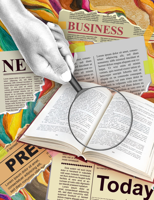 Hand with magnifying glass over book and news clippings.