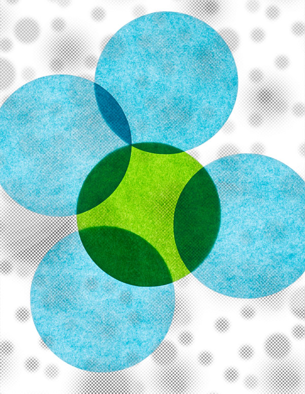 Overlapping blue and green circles on dotted background.