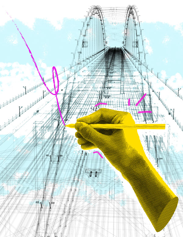 Yellow hand sketching a bridge blueprint.
