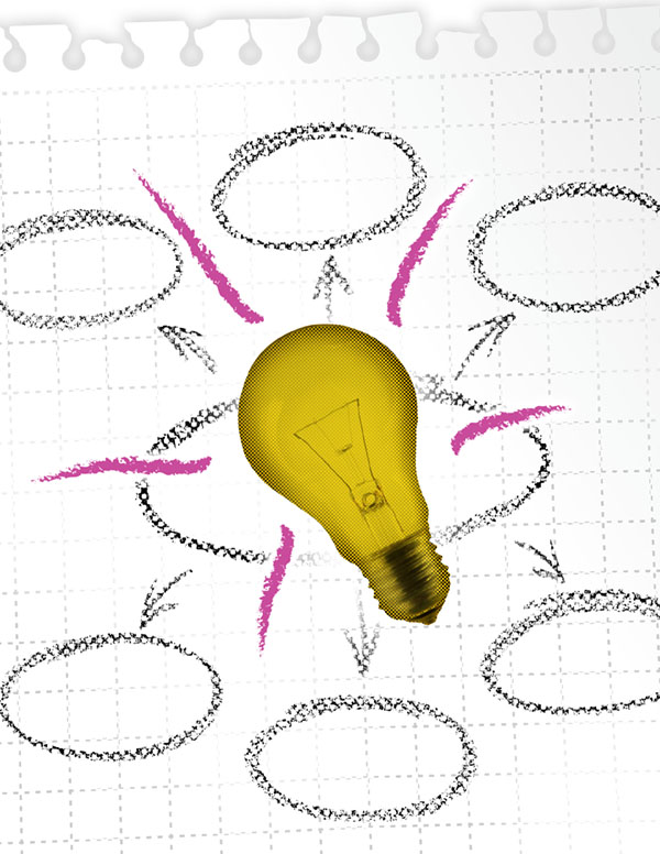 Lightbulb at center of empty idea web.