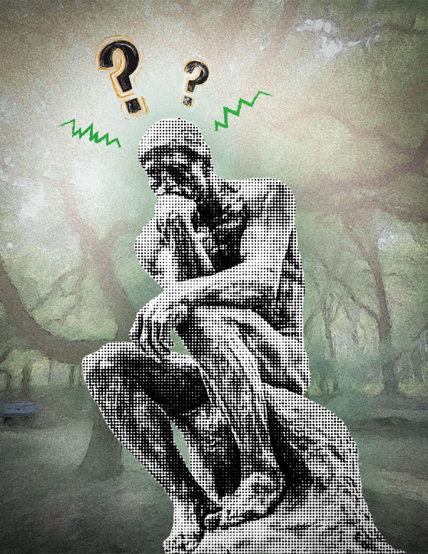 Thinking statue with question marks overhead.