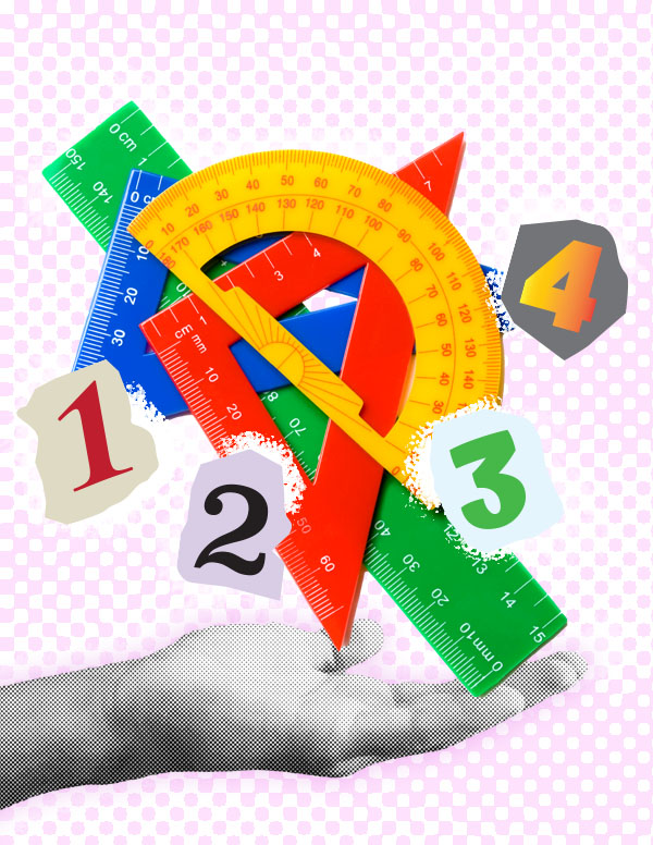 Hand holding colorful math tools and numbers.