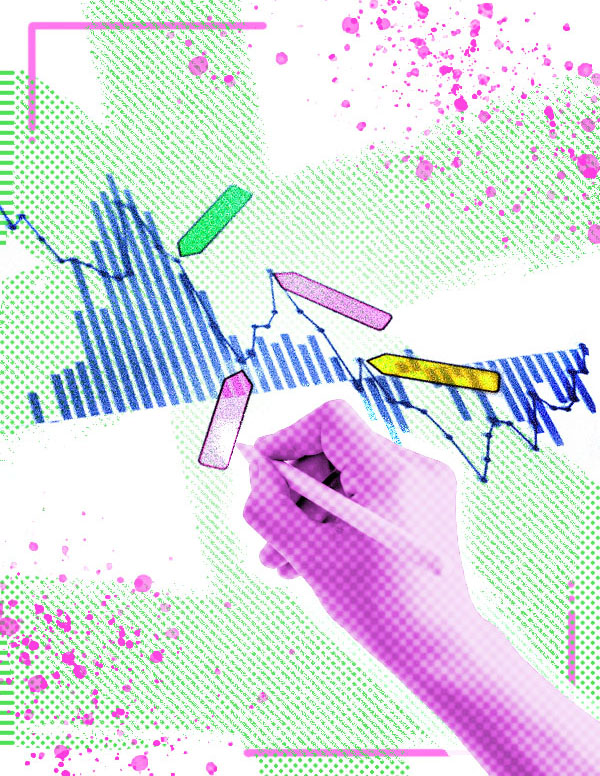 Hand holding marker over abstract design with colorful shapes and halftone patterns.