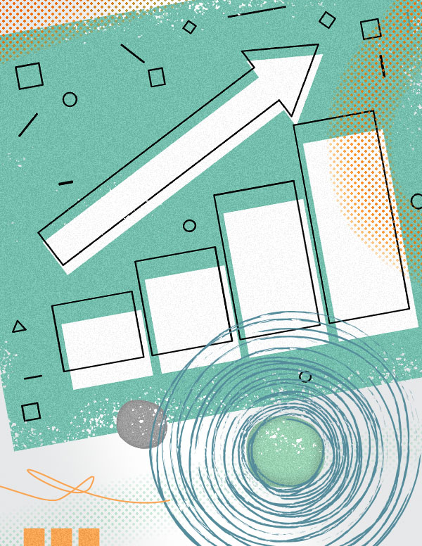 Abstract illustration of upward arrow and rising bar chart symbolizing growth and progress