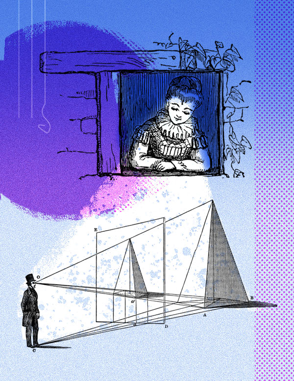 Child at window above, man viewing geometric sailboat diagram below with purple accents.