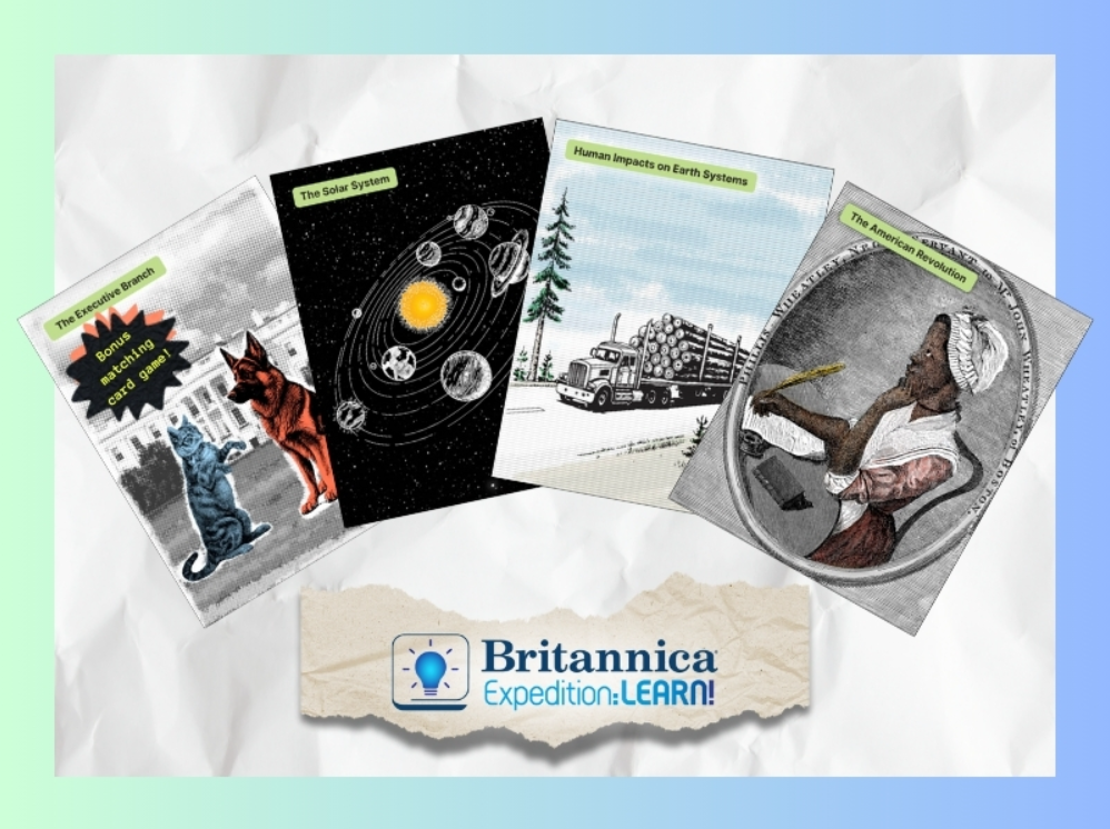 Four educational cards from Britannica Expedition: Learn!