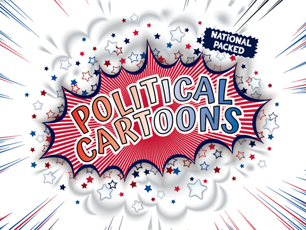 Comic-style image with text “Political Cartoons” and stars.