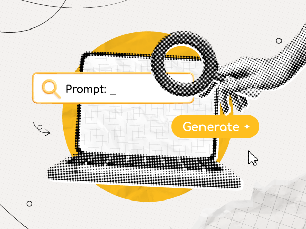 Illustration of a laptop with a search bar showing the word “Prompt,” a hand holding a magnifying glass, and a yellow “Generate” button.