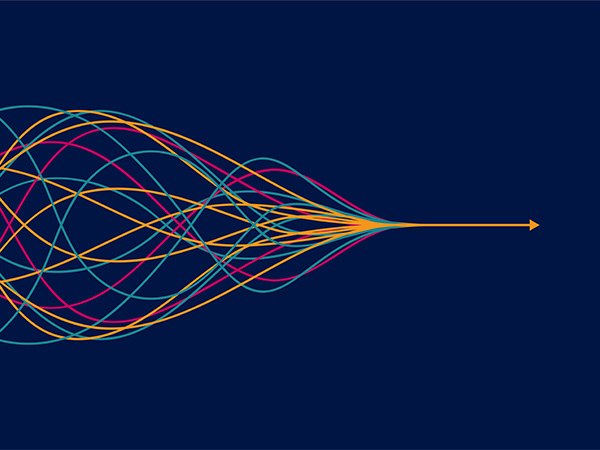 Colorful curved lines converge into single arrow on dark blue background.