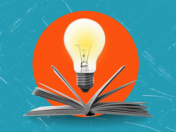 Glowing lightbulb above open book, orange circle on blue background.