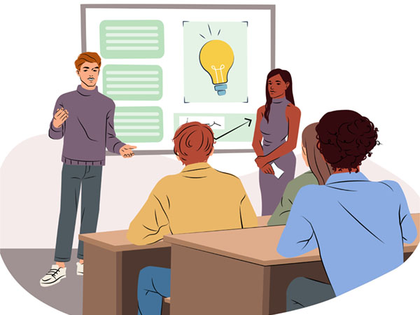Students giving a presentation in a classroom with a lightbulb diagram.
