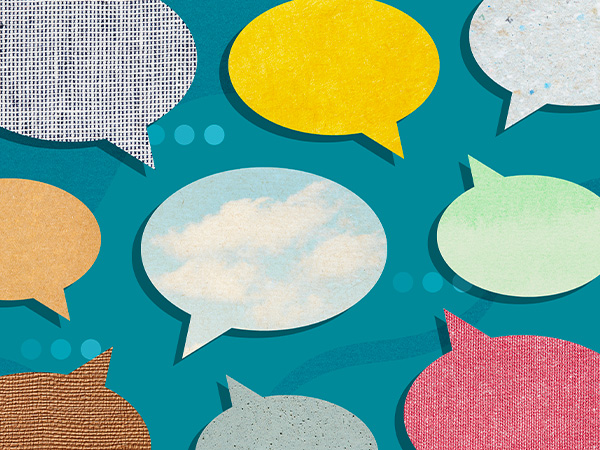 Colorful speech bubbles of various textures on teal background.