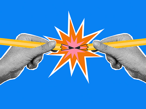 Two hands clashing pencils together, creating a starburst impact, on blue background.