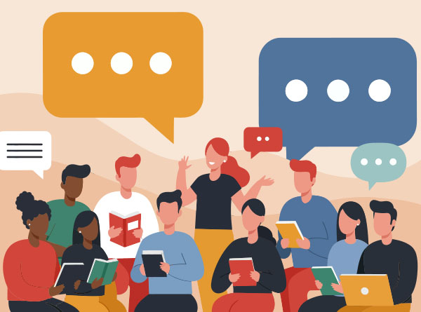 People reading and chatting with speech bubbles above them.