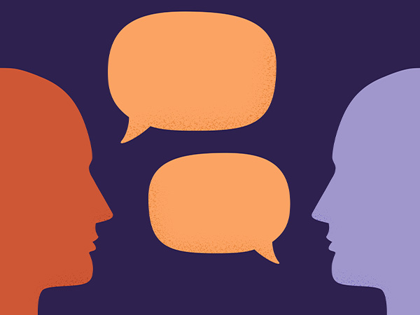 Two profiles facing each other with speech bubbles, colorful on purple.