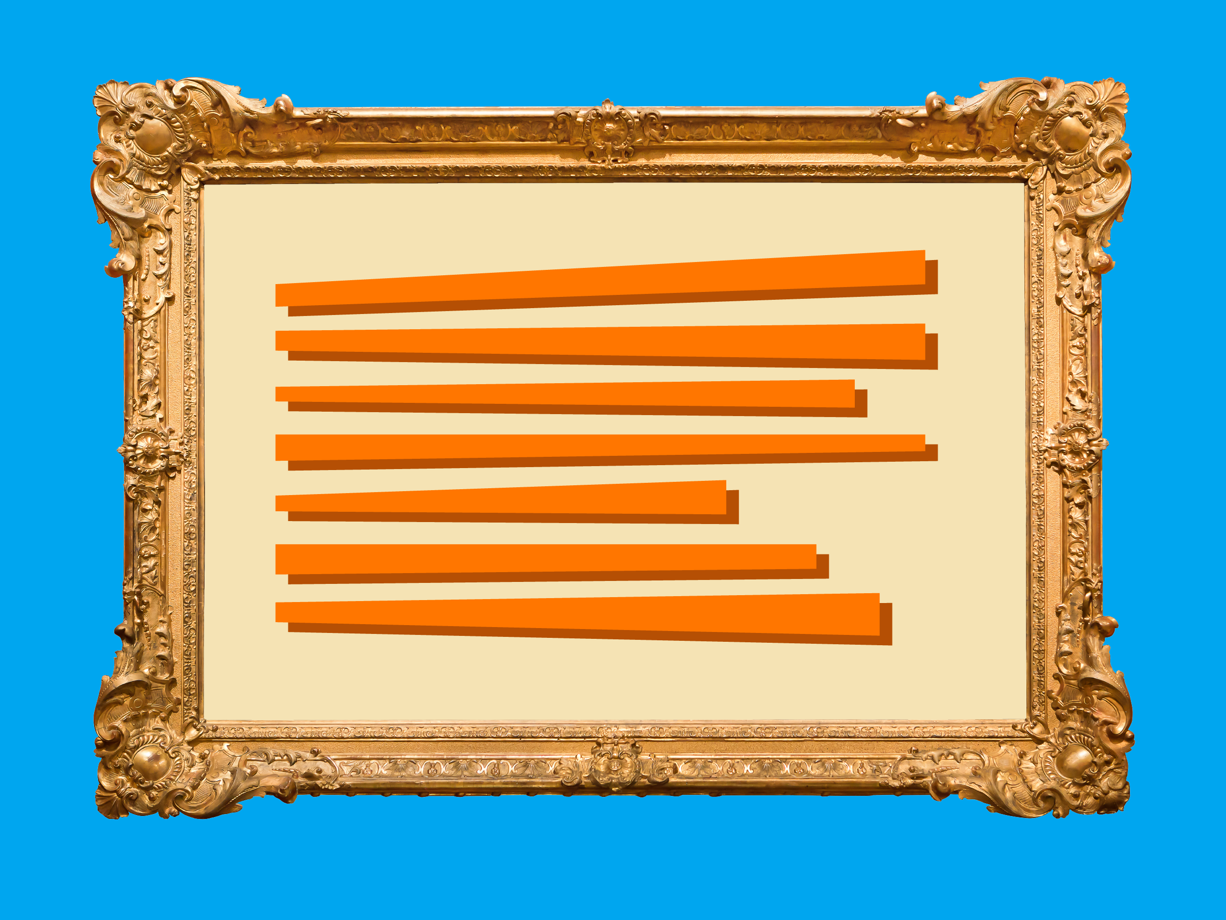 Ornate gold picture frame with orange lines on beige background, blue surround.