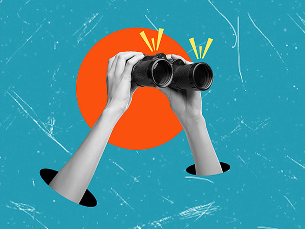 Hands holding binoculars emerge from orange circle on textured blue background.