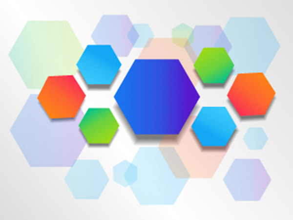 Colorful hexagons of various sizes arranged on light background.