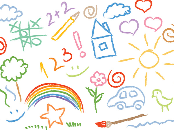 Colorful doodles of various objects and symbols on white background.