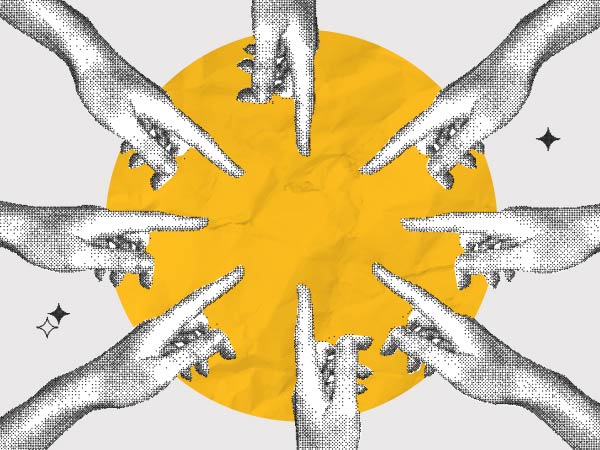 Illustration of multiple hands pointing toward the center of a large yellow circle.