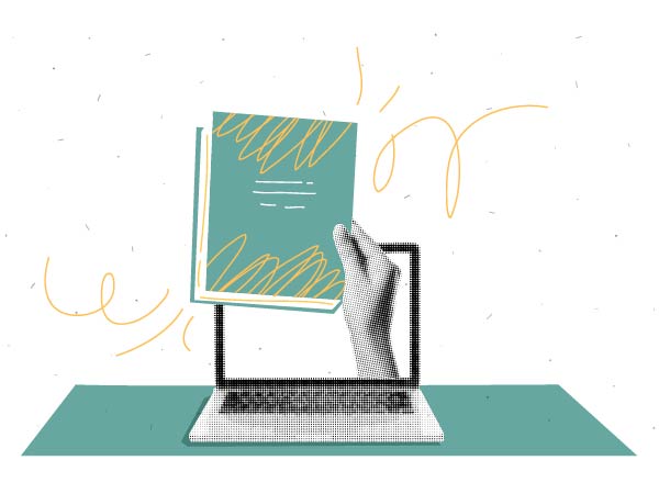 Illustration of a hand reaching out from a laptop screen while holding a teal book.