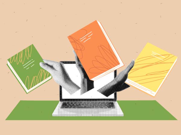 Illustration of three colorful books floating above a laptop, with hands reaching out from the screen to hold them.