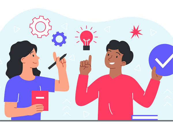 Two people talking with lightbulb and gear icons around them representing creativity and problem solving.