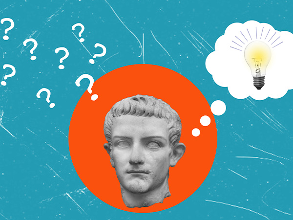 Classical bust with question marks and lightbulb thought bubble, representing problem-solving