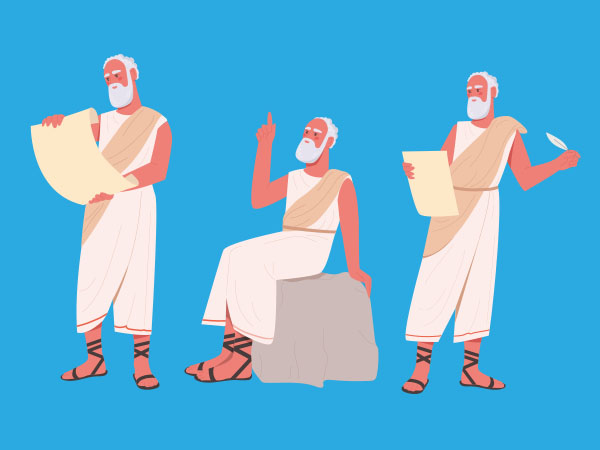 Illustration of ancient philosopher reading, thinking, and writing on parchment.