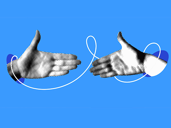 Two hands with thumbs up, connected by string, on blue background.