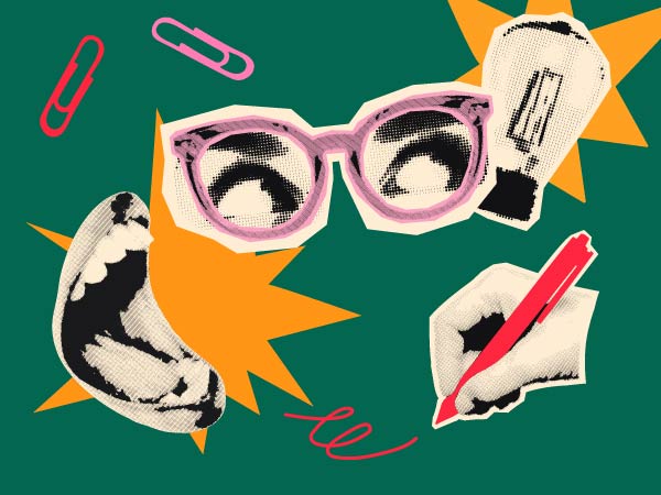 Illustration of eyes behind pink glasses, a light bulb, an ear, and a hand writing with a pen, surrounded by paper clips.