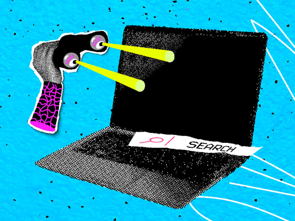 An image of binoculars with laser beams looking at a laptop showing a search bar.