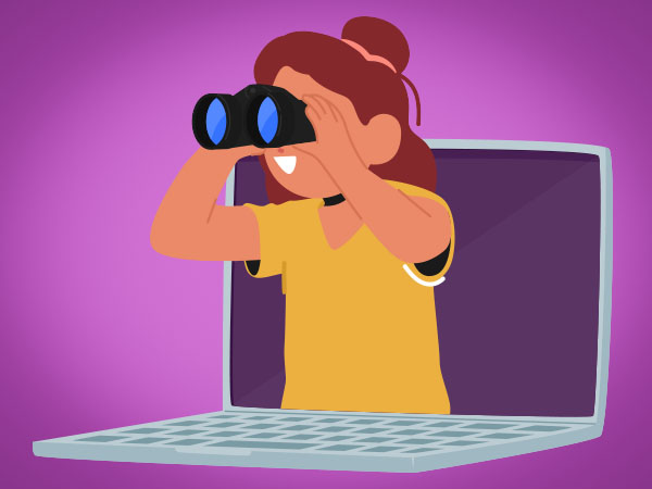 Image of a girl looking through binoculars while emerging from a laptop screen.
