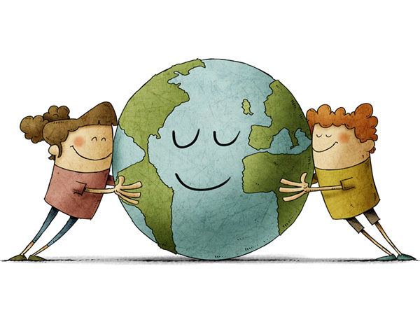 Two children hugging a smiling Earth globe, promoting care for our planet.