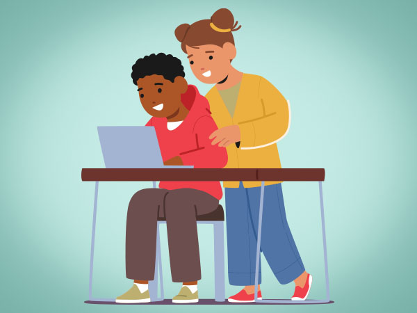 Two kids happily collaborate on a laptop, showing teamwork and shared learning.
