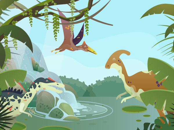 Cartoon dinosaurs near water with trees, one flying overhead in prehistoric scene.