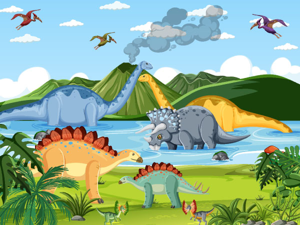 Colorful illustration of dinosaurs near water with mountains, flying pterosaurs, and erupting volcano.