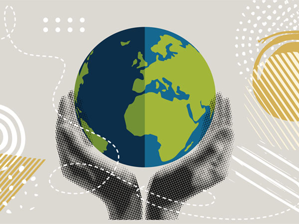 Stylized hands holding a split-color globe showing Europe, Africa, and the Atlantic Ocean.